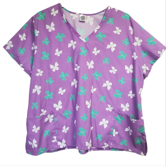 Source Unknown Tops - Women's Scrub Top Butterfly Pattern Size 3X